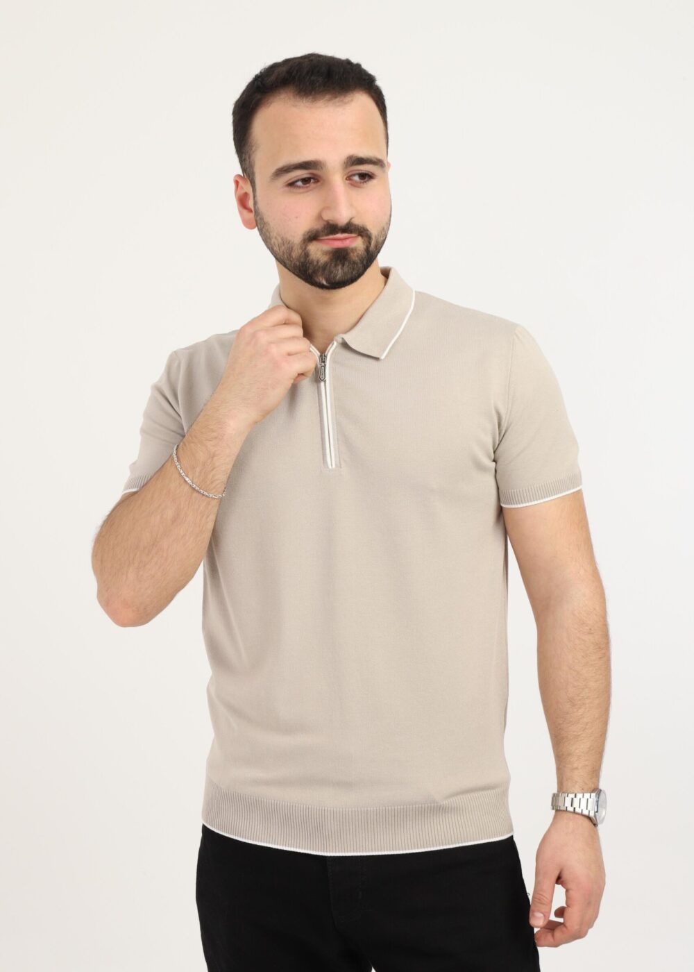 Fermuar Detaylı Polo Yaka Erkek Triko Tişört