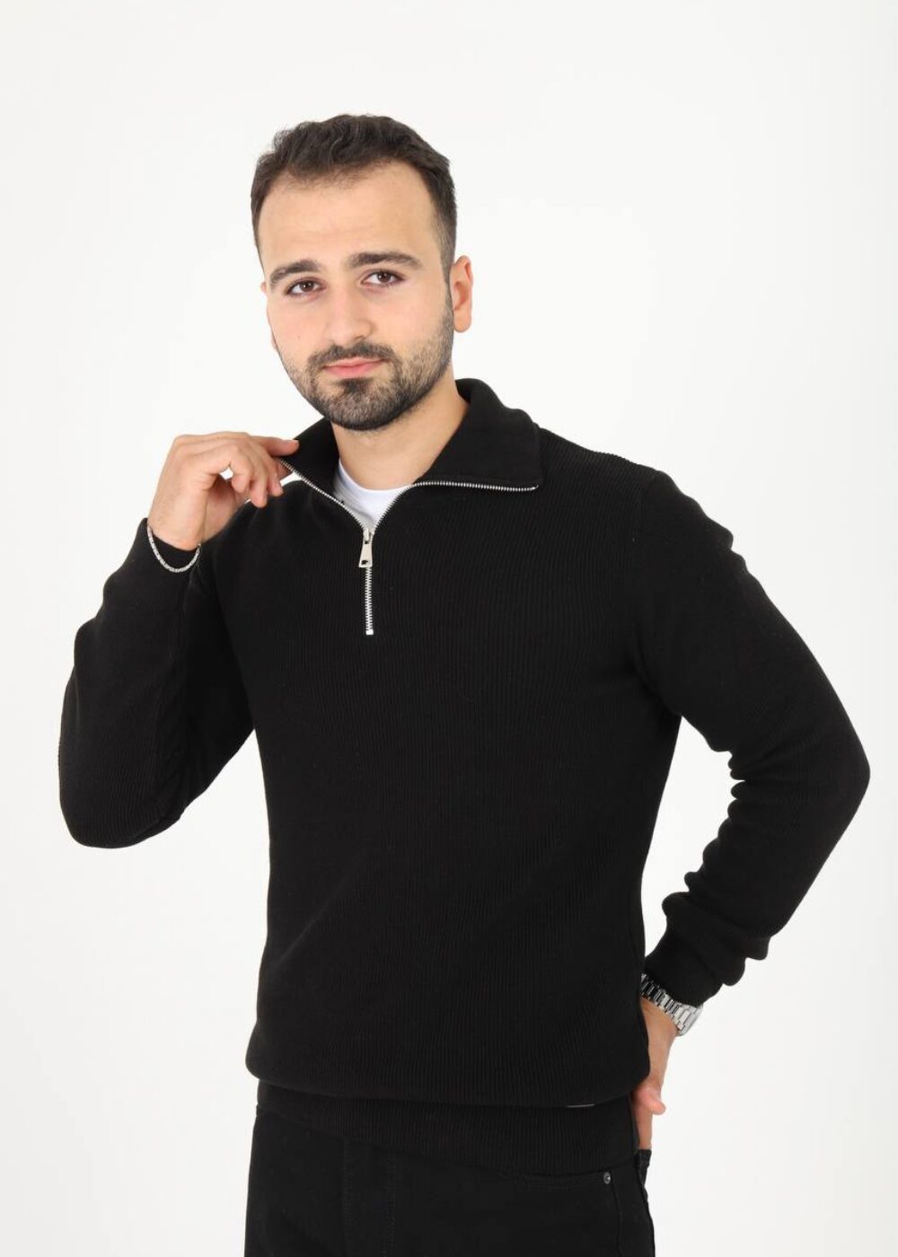 Fermuar Detaylı Dik Yaka Erkek Triko